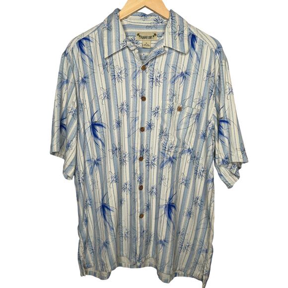 Paradise Coves Other - Paradise Coves Mens XL Hawaiian Shirt 100% Silk Blue  Stripe Palm Tree Aloha EUC